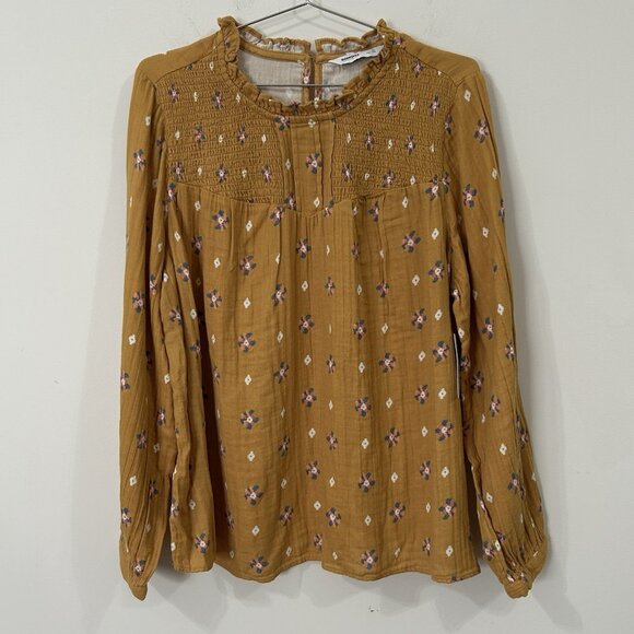 NEW SONOMA Womens XL LS Peasant Floral Cottagecore Blouse Mustard Cotton Top - Picture 1 of 10